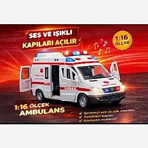 1:16 Ölçek Sesli Işıklı Kapıları Açılır Ambulans Sürtmeli Gerçekçi Ambulans Sesi  22 Cm
