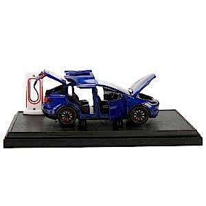 1:24 Ölçek Sesli Işıklı Kapıları Açılır  Şarj İstasyonlu Metal Tesla Model X Araba 18 Cm Mavi Renk