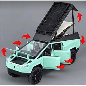Kutulu 1:24 Ölçek Çek Bırak Işıklı Sesli Metal Tesla CyberTruck Camping Yeşil Renk