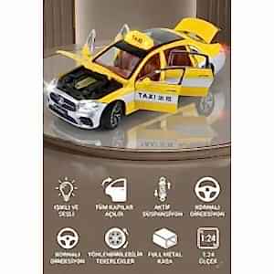 1:24 Ölçek Işıklı Sesli  Tüm Kapıları Açılabilen Metal Taksi Arabası Sarı Taksi 20 Cm